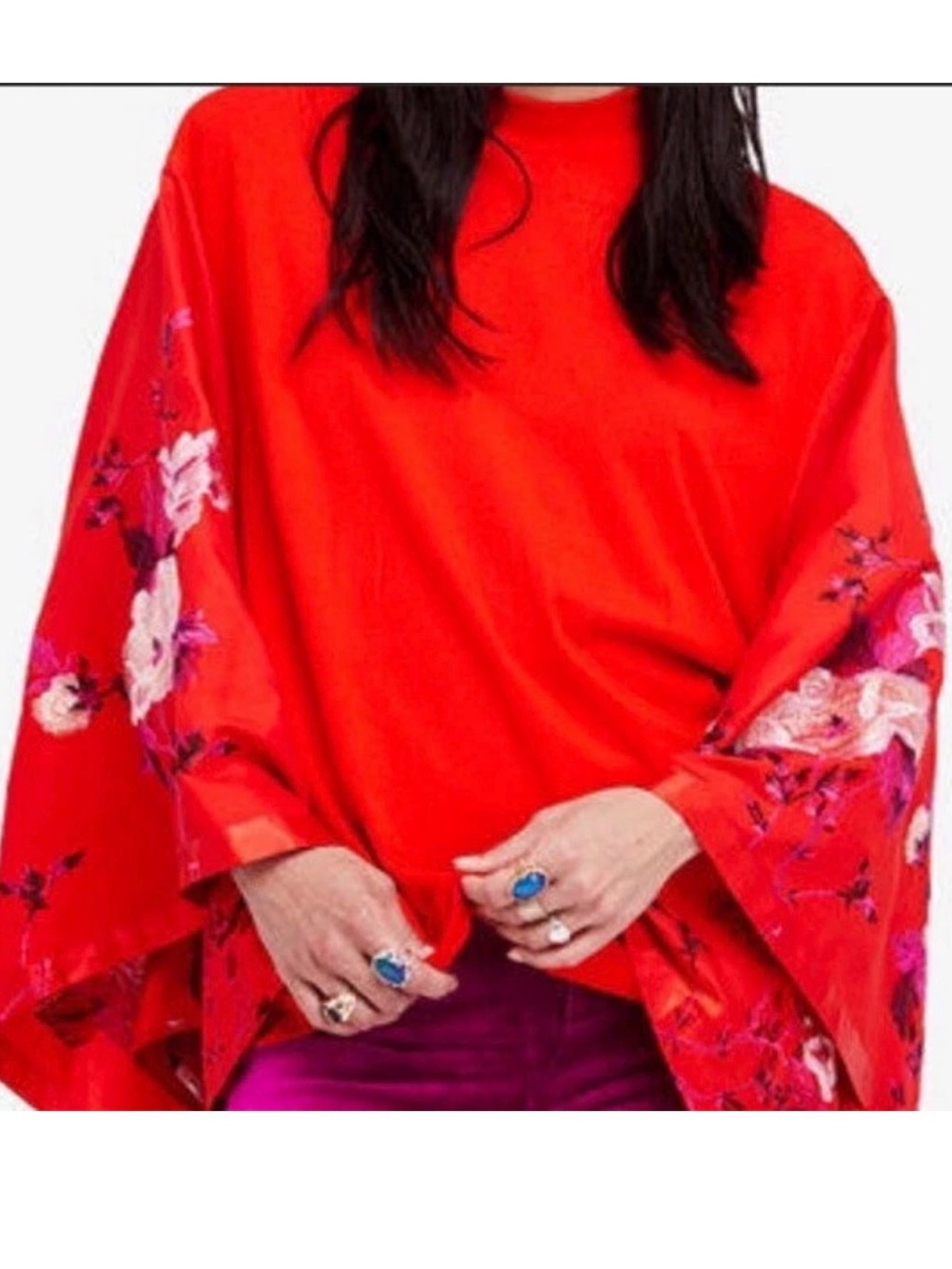 Free People Red Boho Top w Floral Embroidered Kimono Sleeves Sz Medium